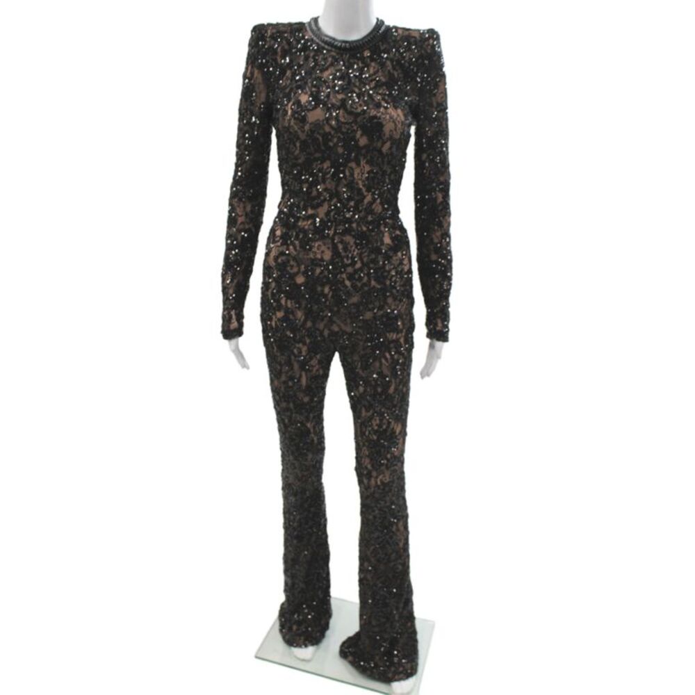 Nadine Merabi Womens Jumpsuit Black Geometric Long Sleeve Round Neck Size XS
